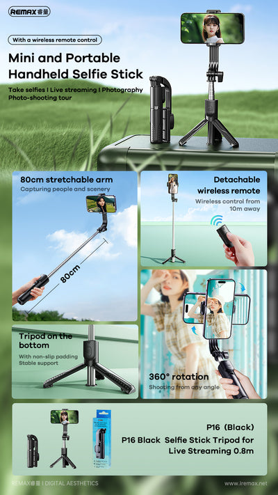 Bâton de selfie Trépied pour diffusion en direct 0.8m P16 - Noir